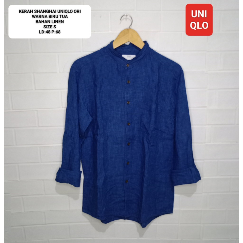 Jual KEMEJA UNIQLO ORI KERAH SHANGHAI BIRU TUA SIZE S BAHAN LINEN ...