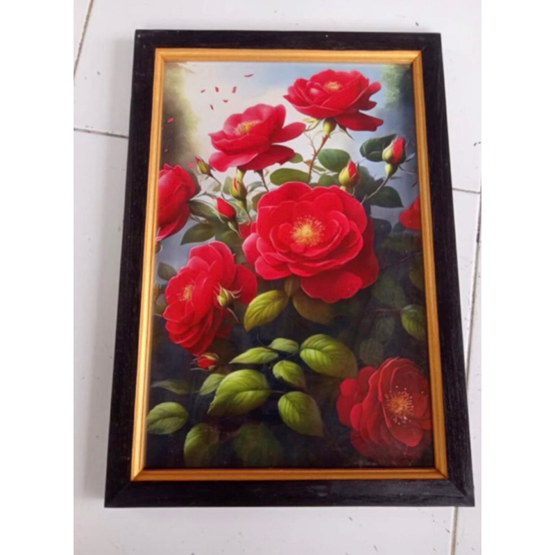 Hiasan dinding plus bingkai Lukisan cetak bunga mawar merah uk:35cm x 53cm
