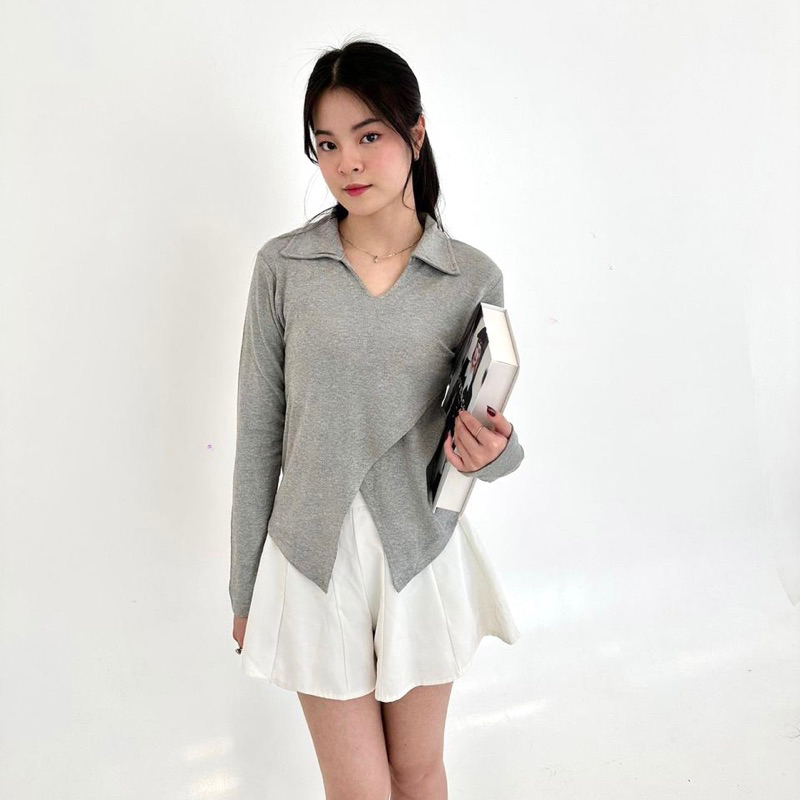 Product image EDLYN Dyra Knit Top - Baju Knit Top Atasan Wanita Knit Longsleeve Baju Kerah Baju Crop Top Atasan Crop Baju Lengan Panjang Baju Rajut