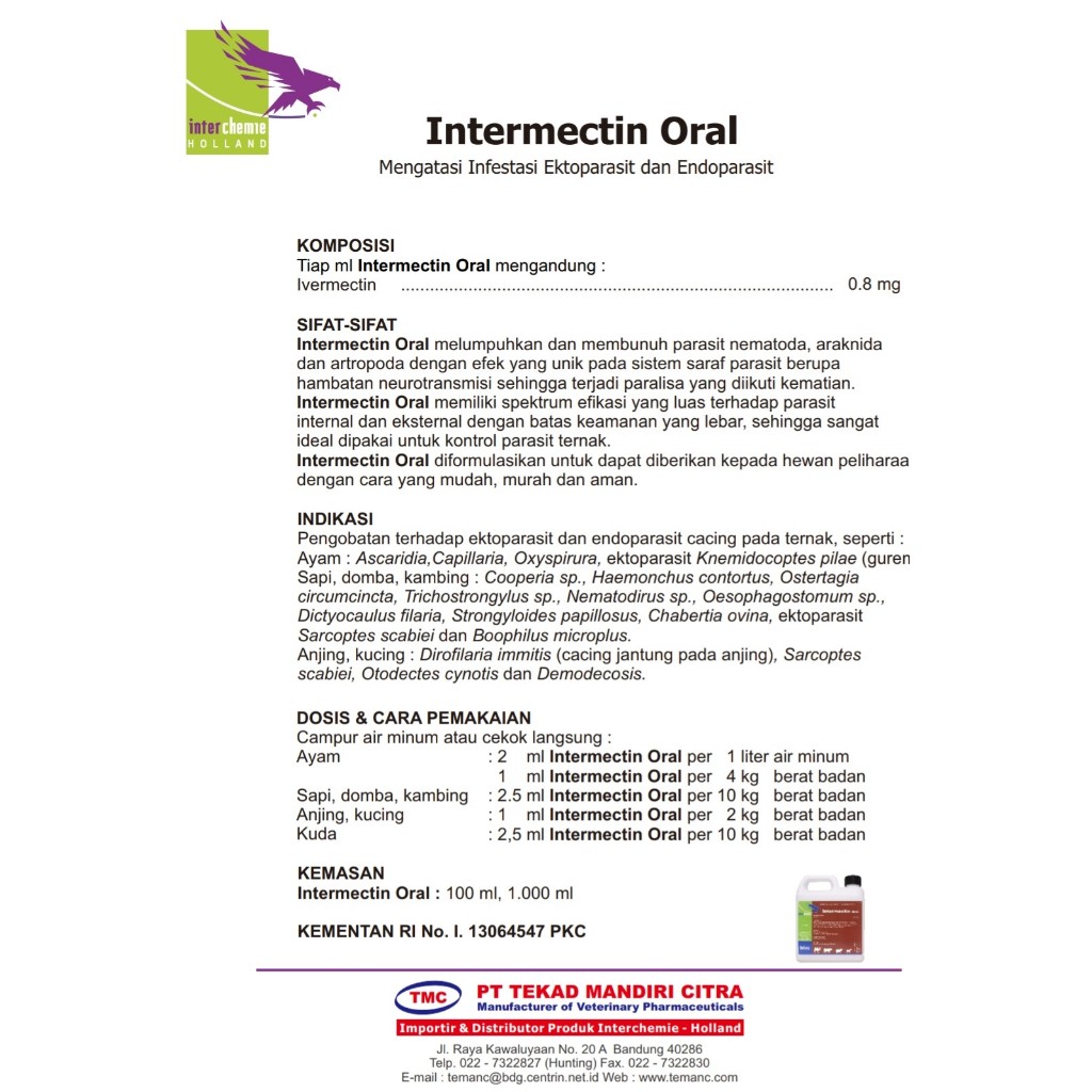 Jual INTERMECTIN ORAL 1 Liter Obat kutu gudik scabies untuk hewan ...