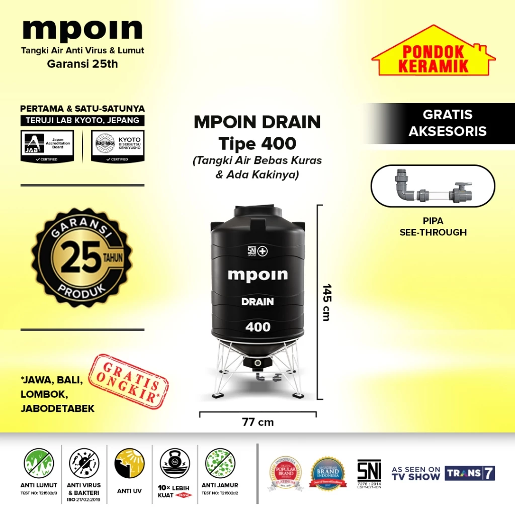 Tandon Mpoin Plus Drain D 400 Tangki Tandon Air 350 Liter Toren Anti Lumut Garansi 25 Tahun
