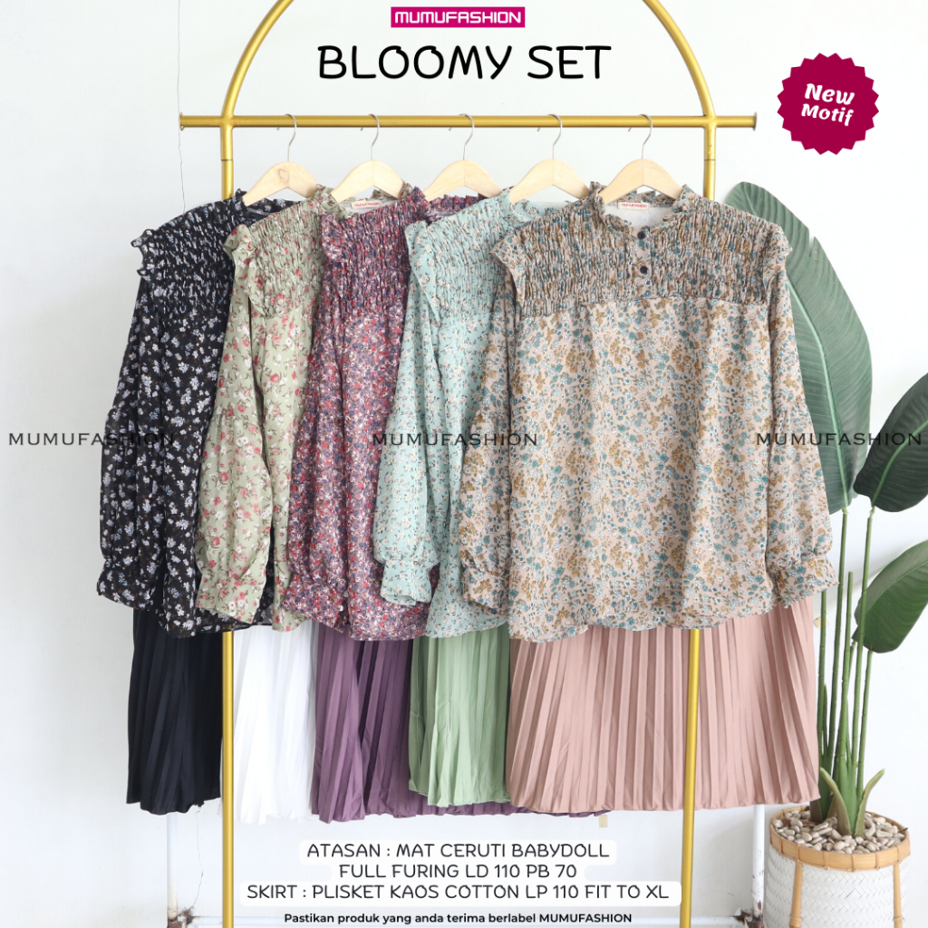 Jual Mumu Bloomy Set Setelan Blous Dan Rok Plisket Wanita Muslimah Kekinian Bahan Cerutty Full