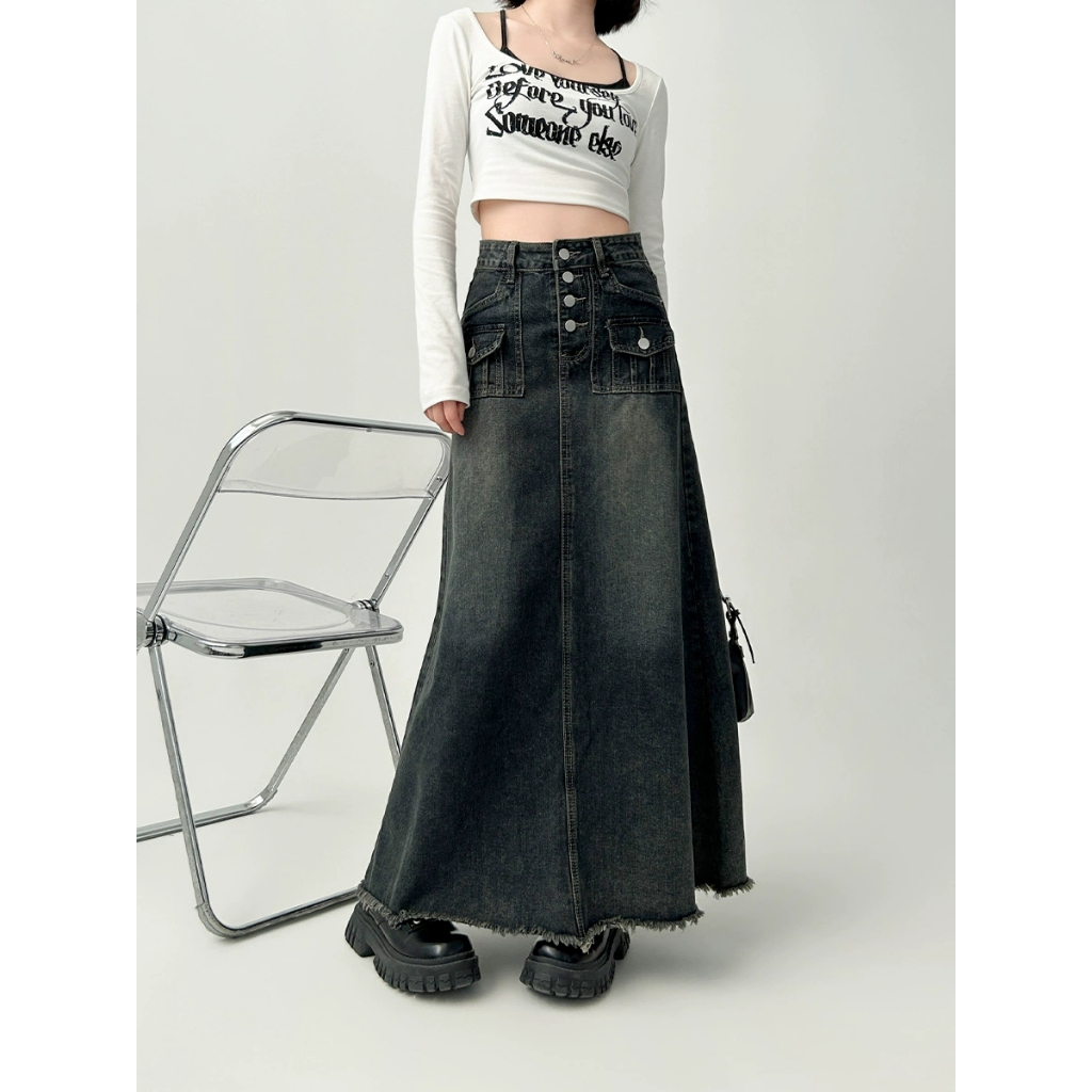 Jual Rok Korean Style High Waist Rok Jeans Panjang Fashion Rok Aline