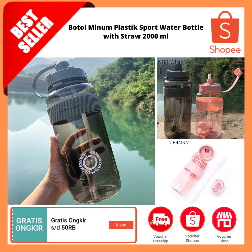 Jual Botol Minum Plastik Sport Water Bottle with Straw 2000 ml / Botol ...