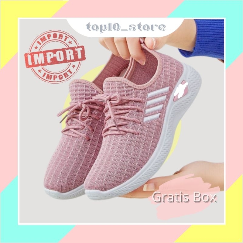Jual Sepatu Wanita Motif Garis Empat Sneakers Tali Import Sepatu ...