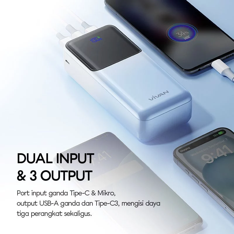 VIVAN Powerbank VPB-D30 30000mAh Fast Charging QC 3.0 PD 20W 2 Input & 3 Output - Garansi Resmi 18 Bulan