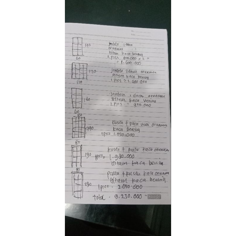 Jual custom model jendela aluminium dan pintu sesuai catatan di gambar