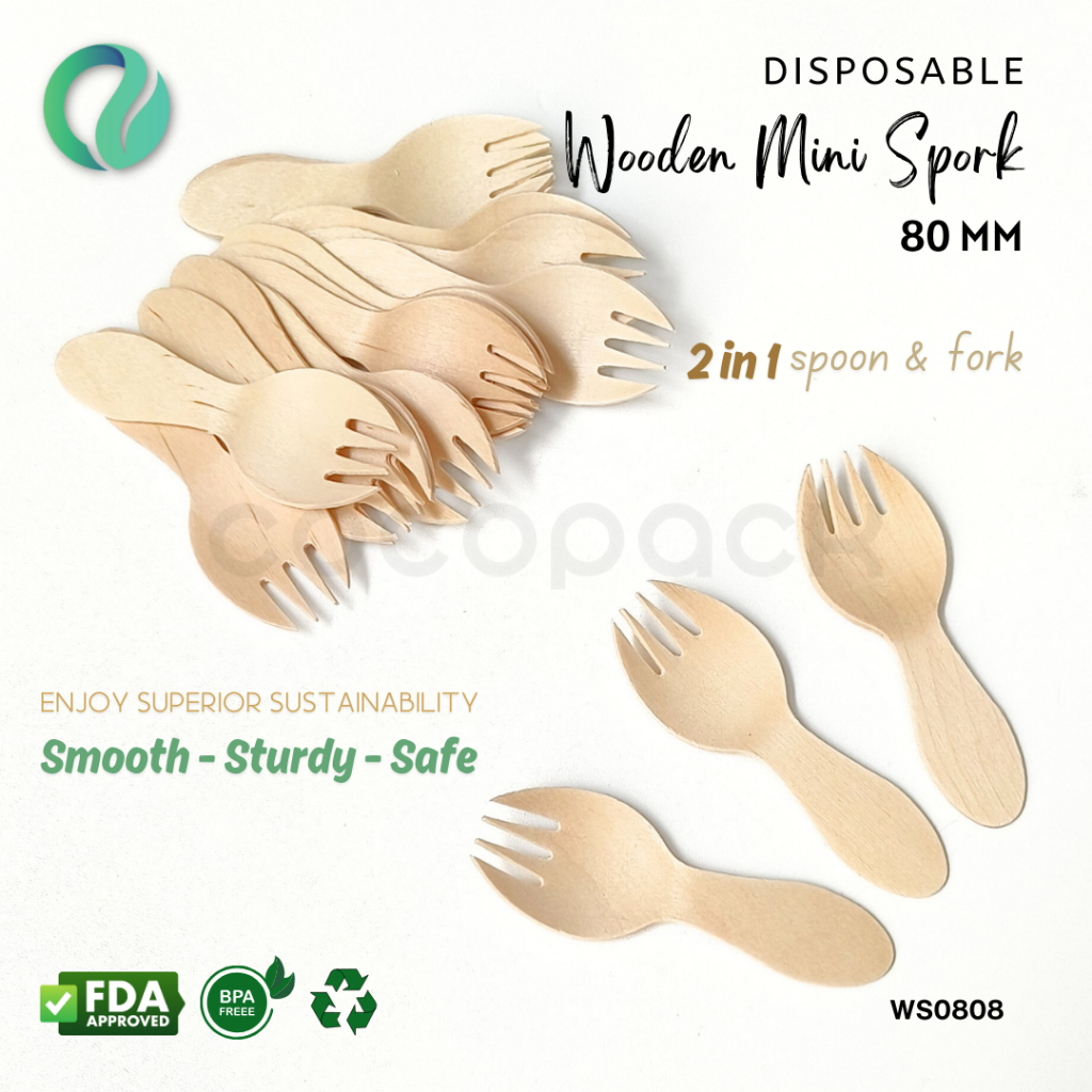 Jual Garpu Sendok Kayu 2in1 8cm Disposable Birch Wood Mini Spork Sekali