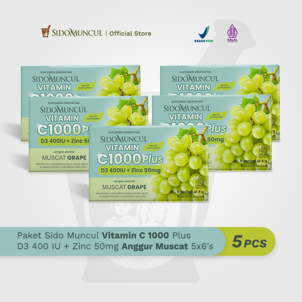 Paket Sido Muncul Vitamin C 1000 Plus D3 400 IU + Zinc 50mg Anggur Muscat 5 x 6's