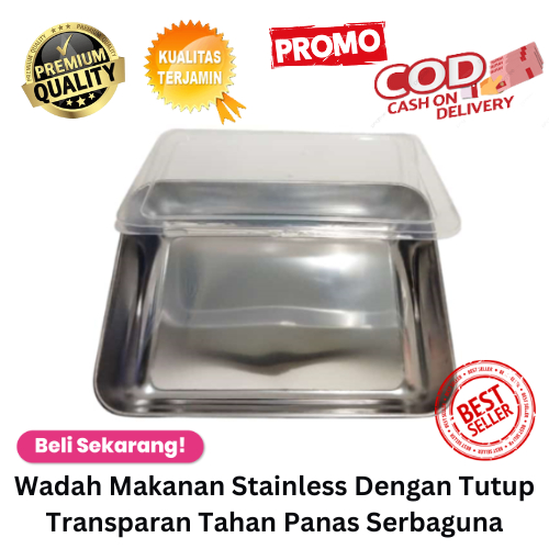 Jual Bisa Cod Promo Wadah Makanan Stainless Dengan Tutup Transparan Tahan Panas Serbaguna Baki