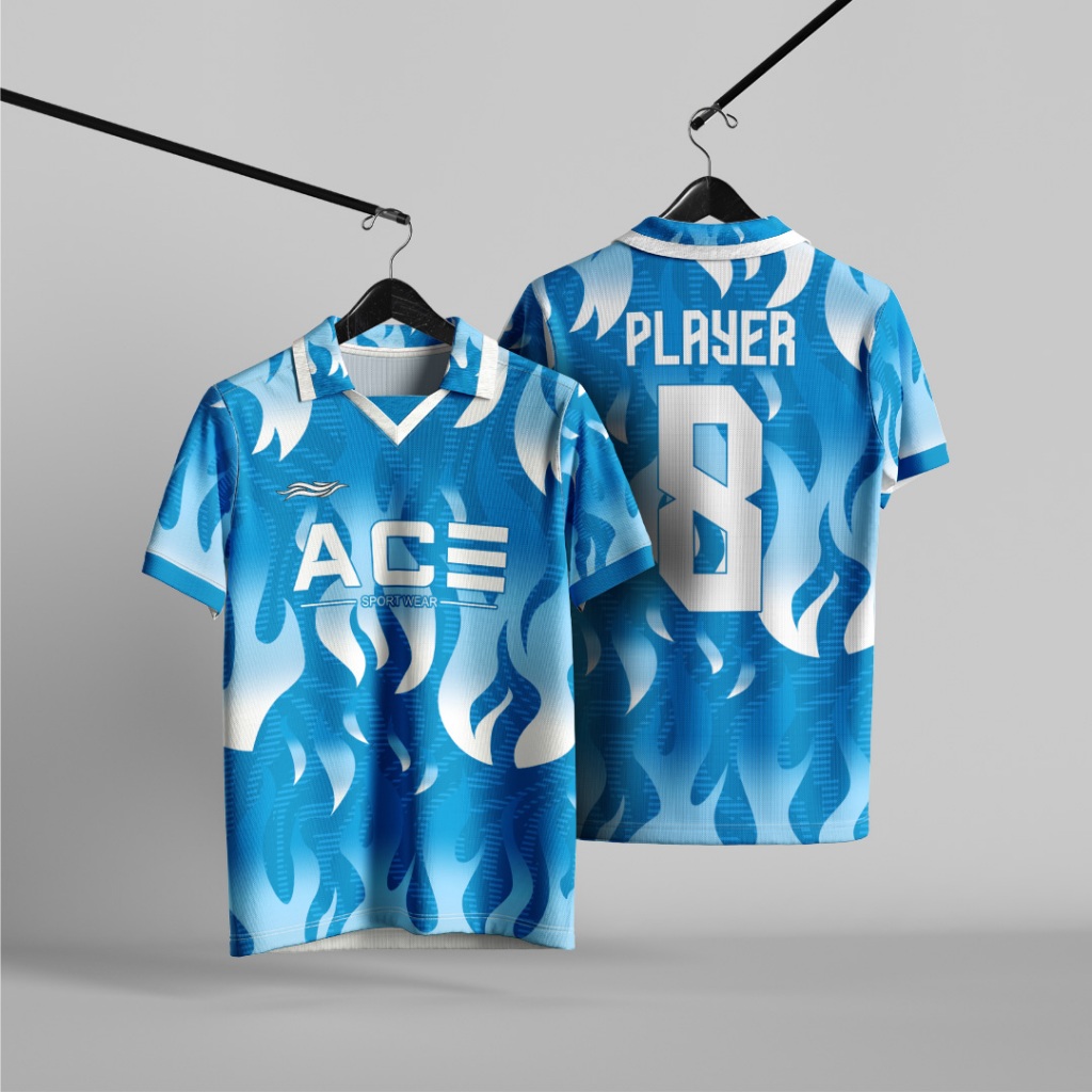 Jual Jersey Custom Futsal Mini Soccer Bola Motif Api Biru Keren