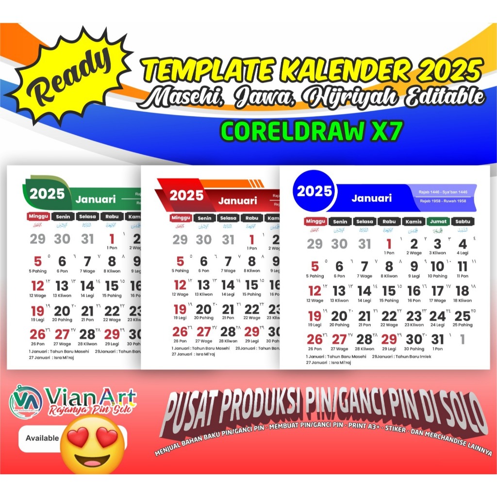 Jual (BACA DISKRIPSI) Template Kalender 2025 format CDR Editable Untuk