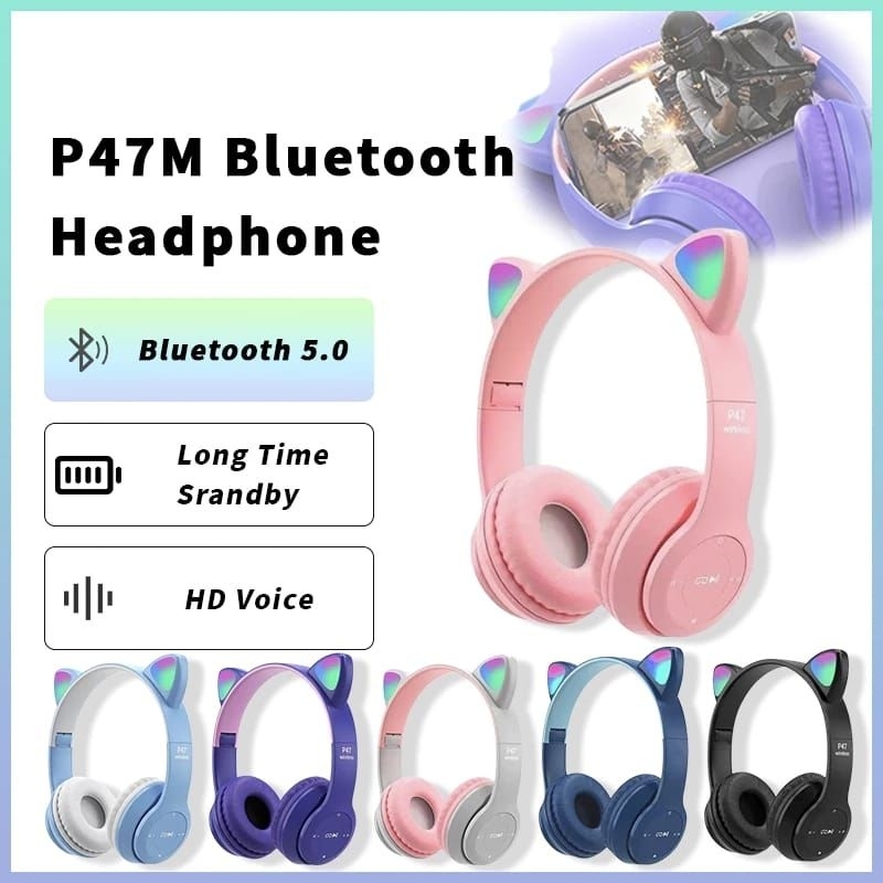 Jual Headphone Bluetooth P47M Wireless Headset Bando Led Cat Ears Super ...