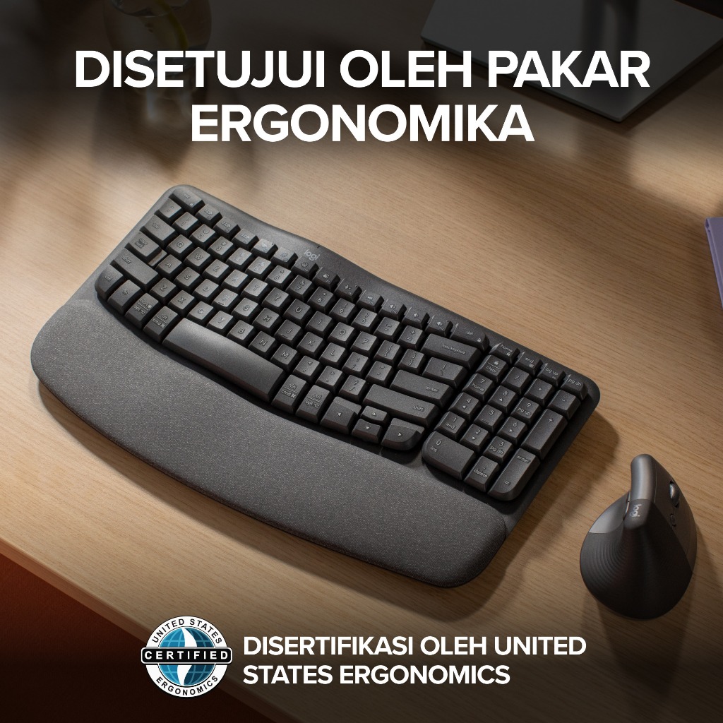 Logitech Wave Keys Keyboard Ergonomis Wireless, Bluetooth dan Multi-OS Windows/ Mac dilengkapi dengan Cushioned Palm Rest (6)