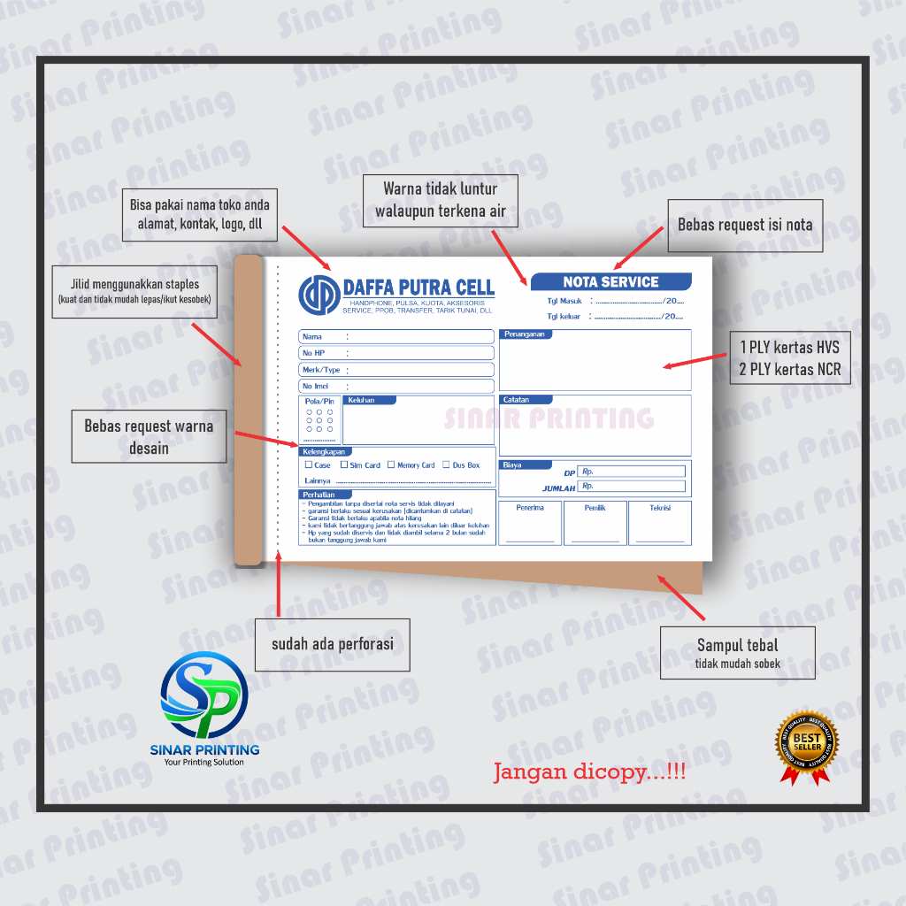 Jual Nota Service HP Custom isi 100 lembar | 1 Rangkap / 2 Rangkap ...