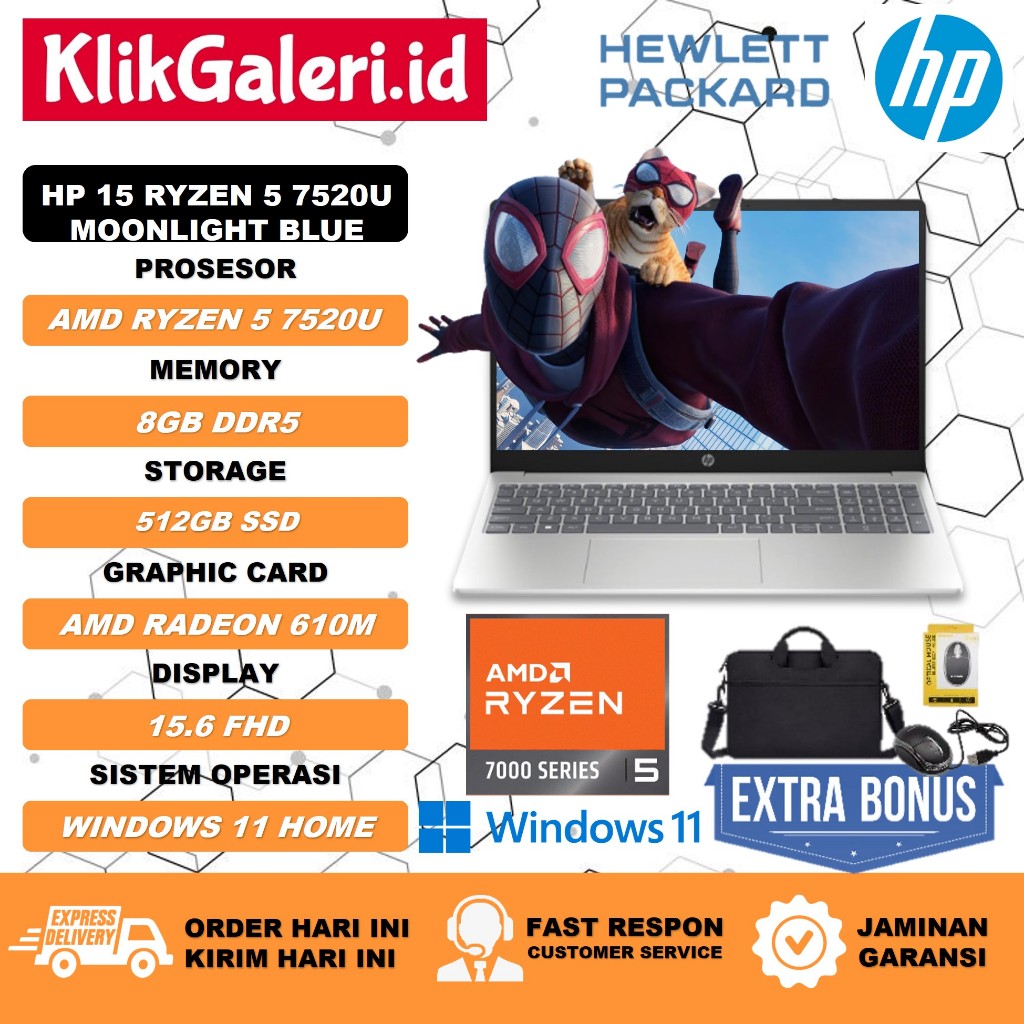 Jual Laptop Gaming Murah HP 15 AMD Ryzen 5 7520U 8GB DDR5 512GB SSD FHD ...