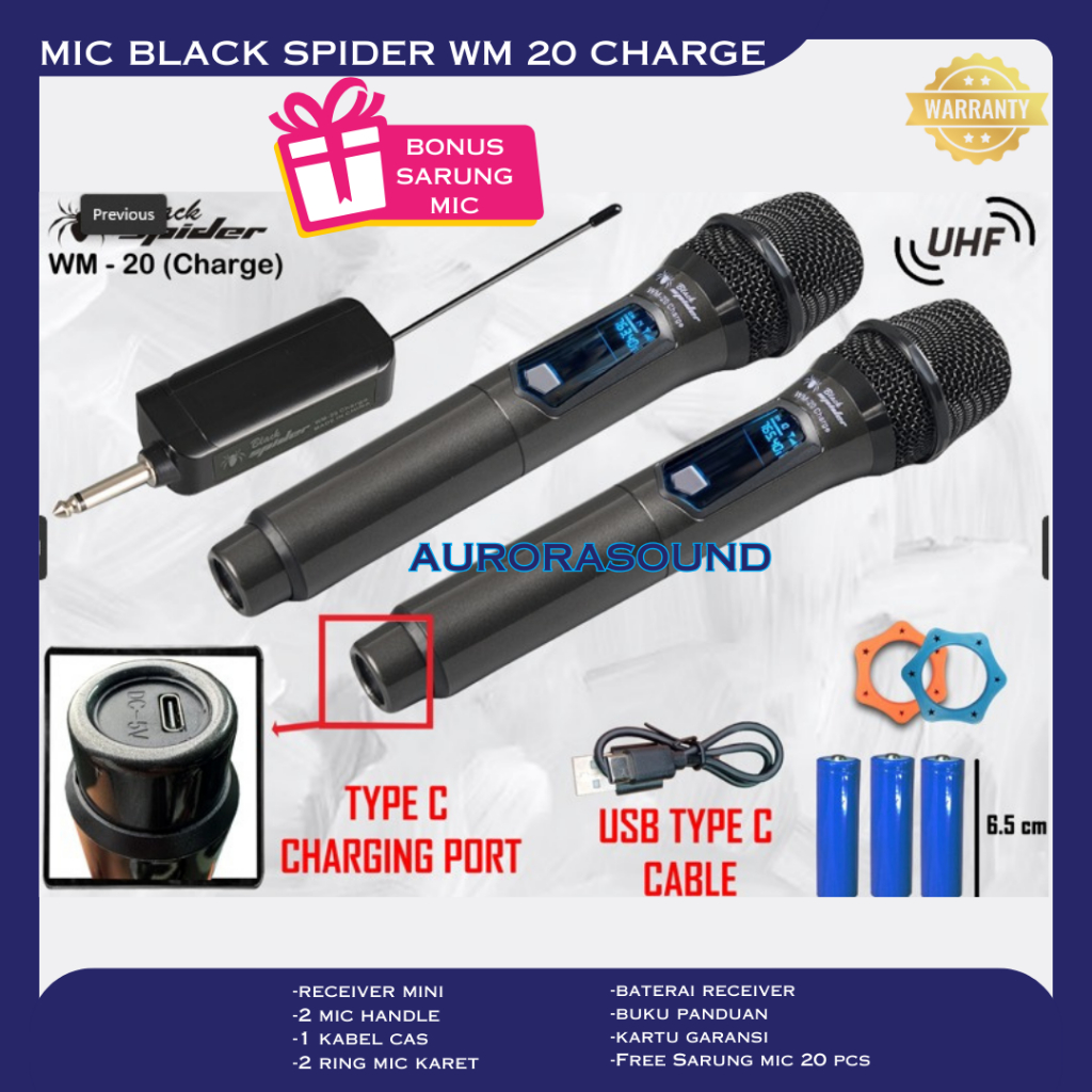 Jual MIC WIRELESS BLACK SPIDER WM 20 CHARGE PROFESSIONAL MICROPHONE ...