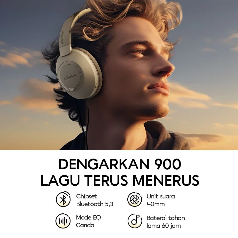 VIVAN Liberty H200 Creamy White Headphone Bluetooth 5.3 WIreless | Dual EQ DEEP BASS | Battery Up To 60 Hour