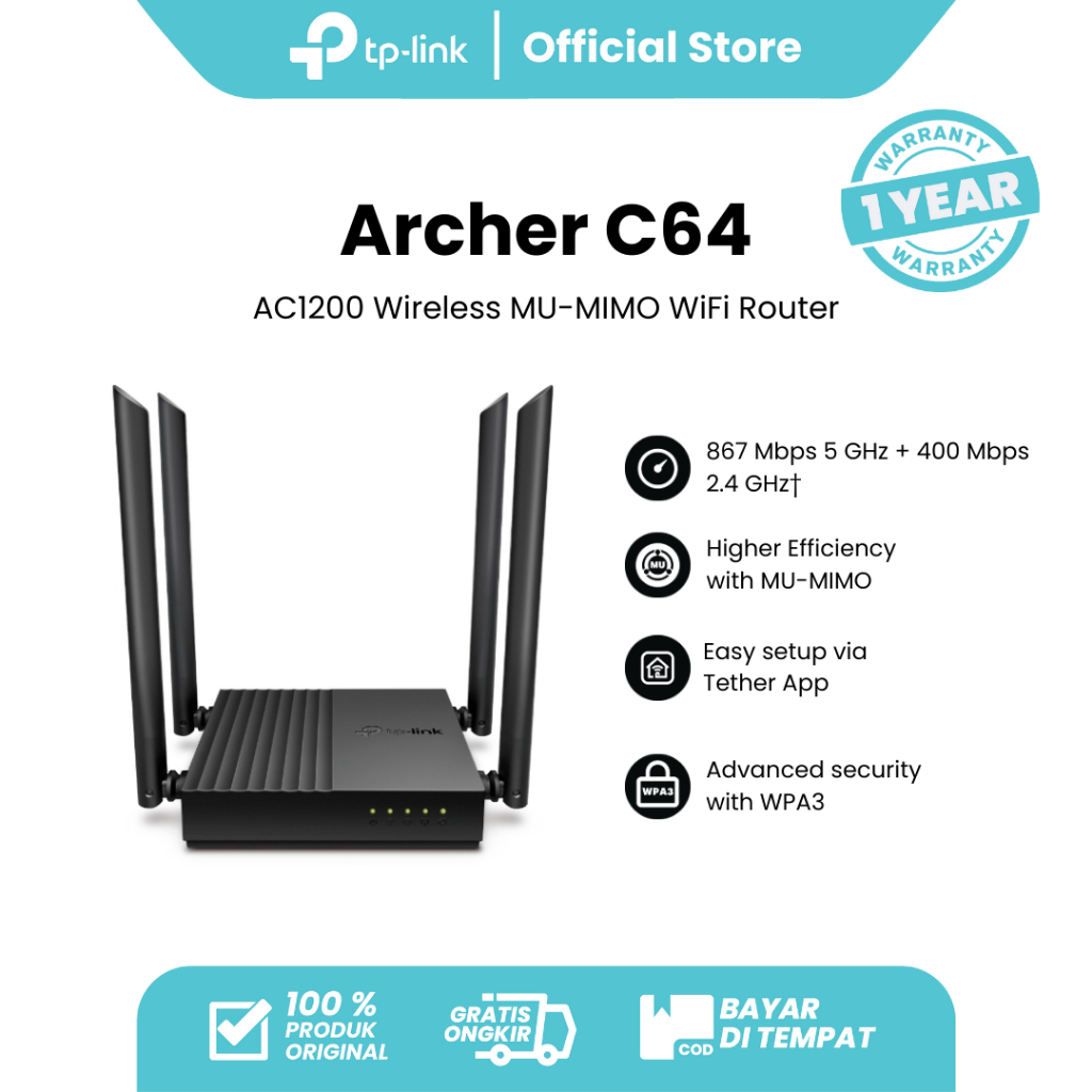 Jual TP-Link Archer C64 | AC1200 WiFi 5 Router | Dual Band | Gigabit ...