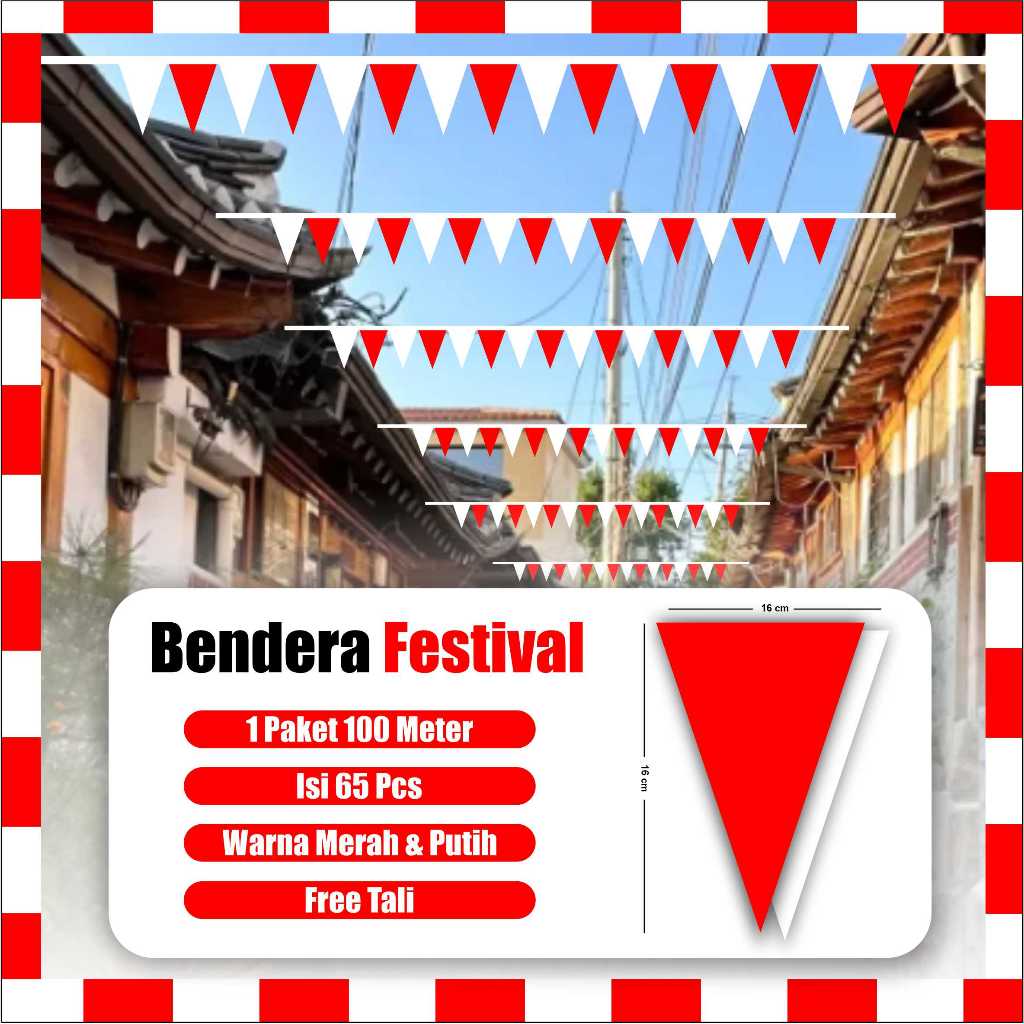 Jual 100 Meter Bendera Kain Segitiga 65 Pcs Bendera Merah Putih Untuk ...