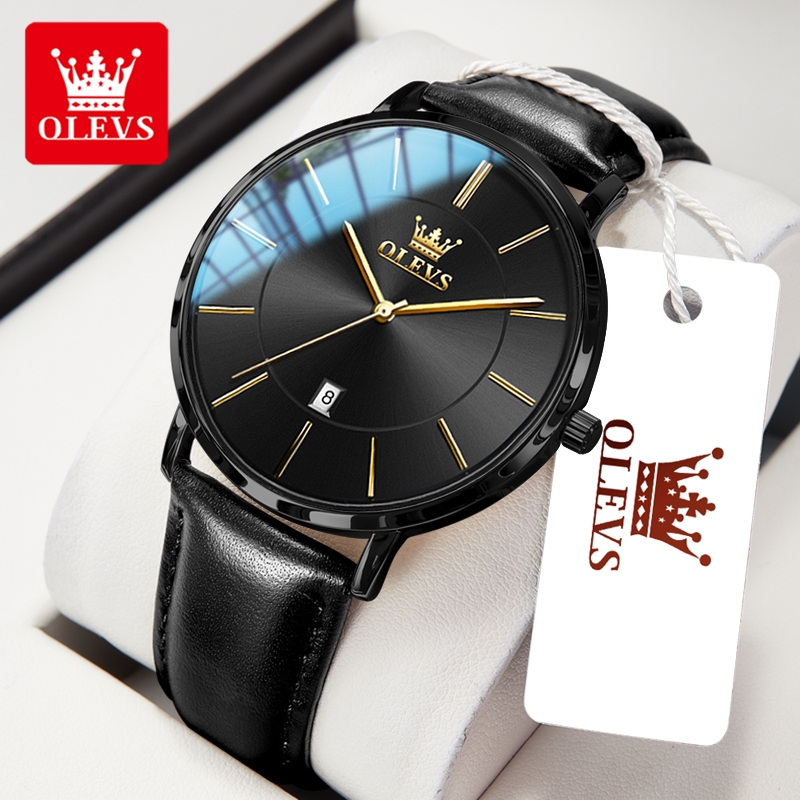 OLEVS Jam Tangan Pria Anti Air Original 100% Tali Kulit Luxury Kalender  Quartz Watch Men 5869