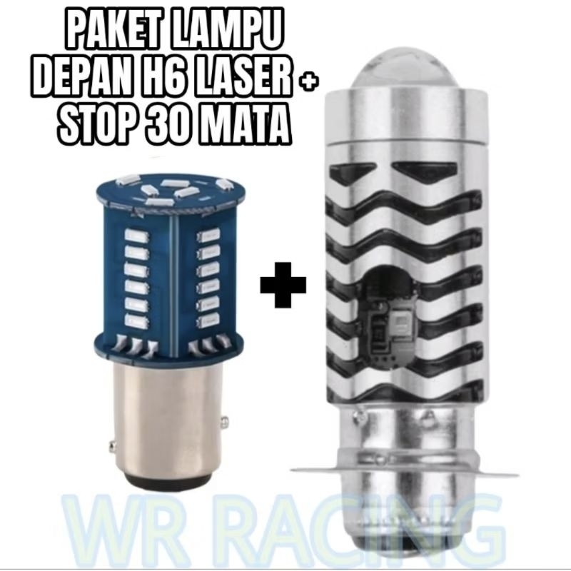 PROMO!!!! PAKET HEMAT LAMPU LED DEPAN H6 LASER SENJA+LAMPU STOP BELAKANG 30 MATA RUNNING SEMUA MOTOR