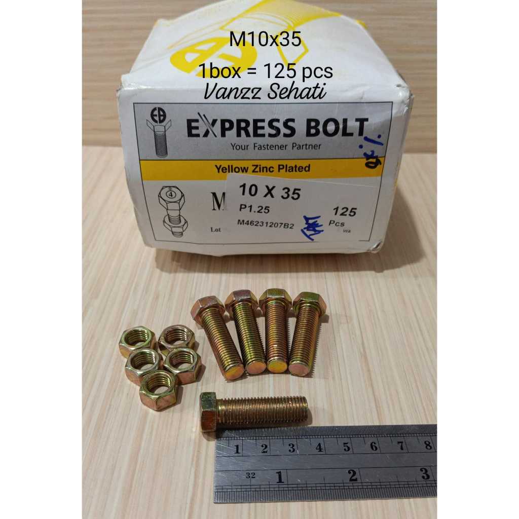 Jual (1 BOX/125 PCS) Baut Kuning M 10x35 Mur P 1.25 / Baut Kunci 14 ...