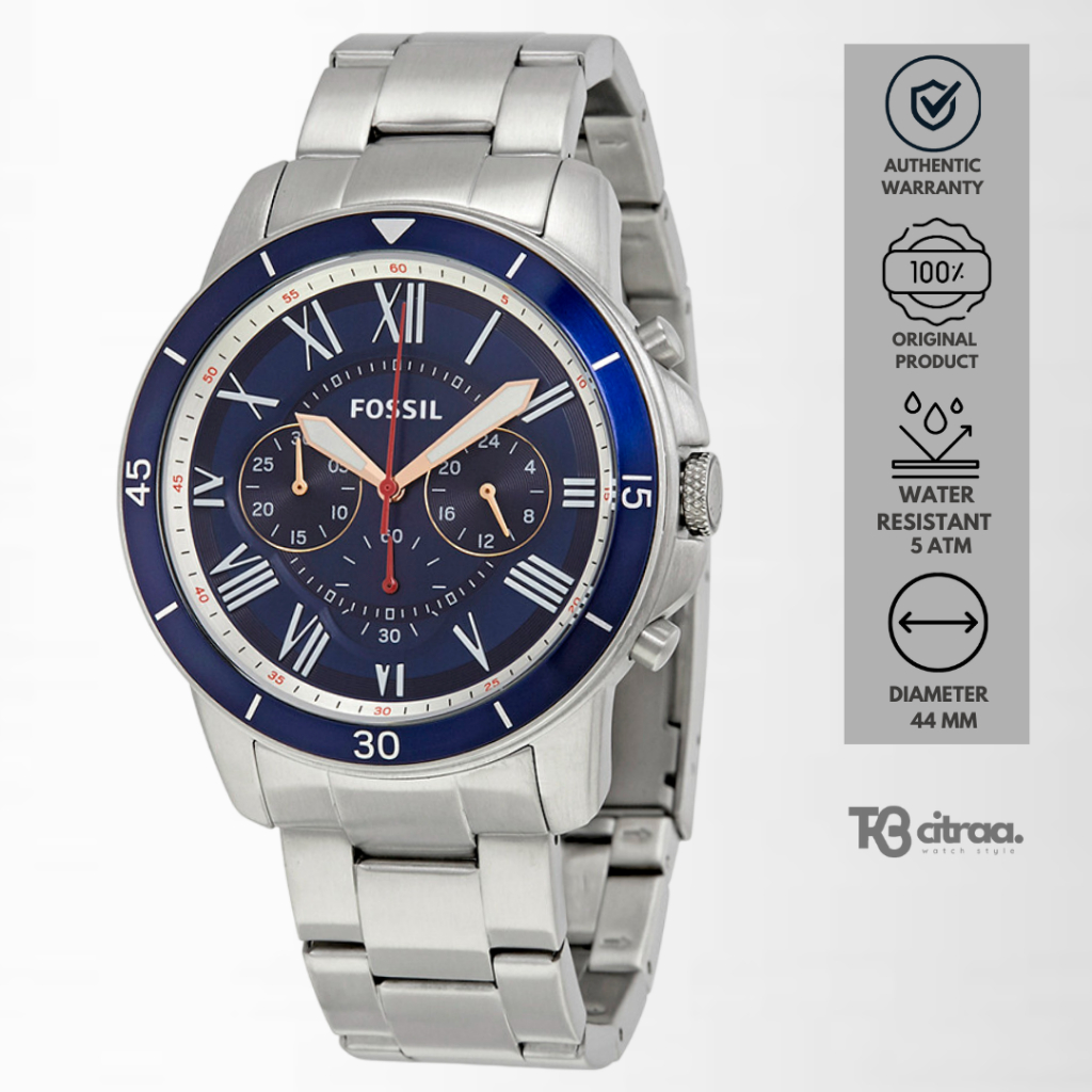 jam tangan fashion pria Fossil Grant Sport Men analog strap rantai cowok  Chronograph Blue Dial Stainless Steel water resistant sporty luxury watch 