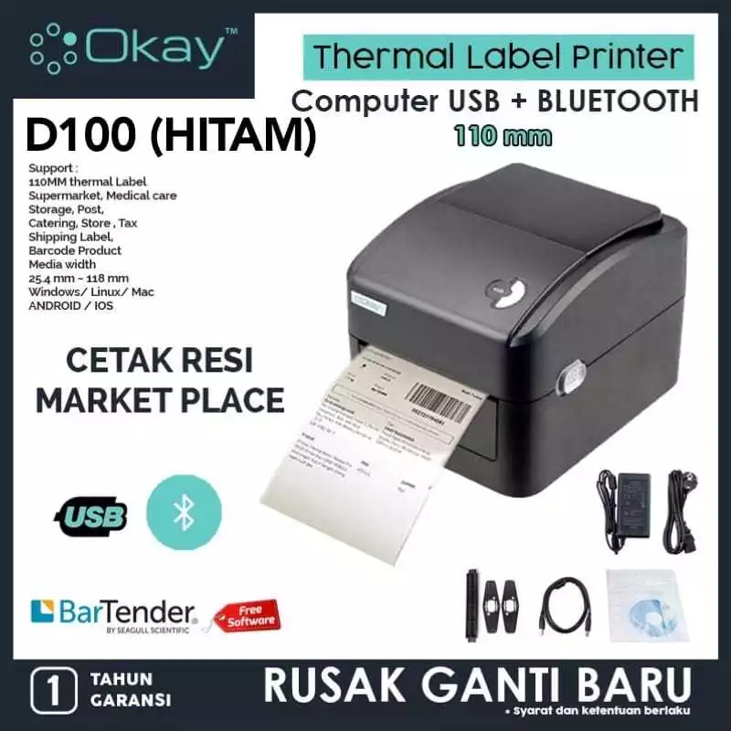 PRINTER BARCODE THERMAL LABEL PENGIRIMAN STICKER A6 110mm OKAY D100 ...