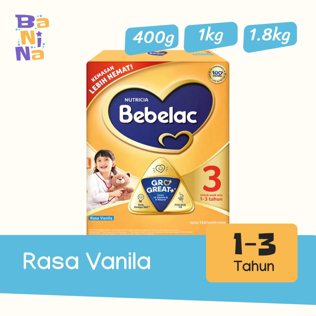 Jual Bebelac 3 Rasa Vanila 400g, 1kg, 1.8kg Susu Formula Bayi 1-3 Tahun ...