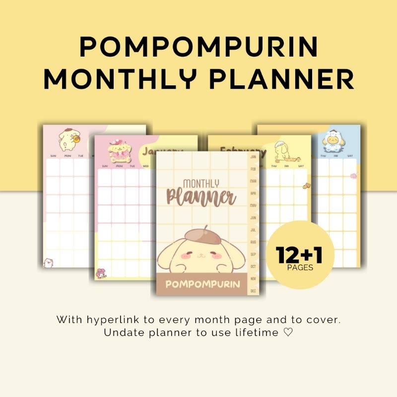 Jual Pompompurin Sanrio Digital Monthly Planner A4 Printable PDF