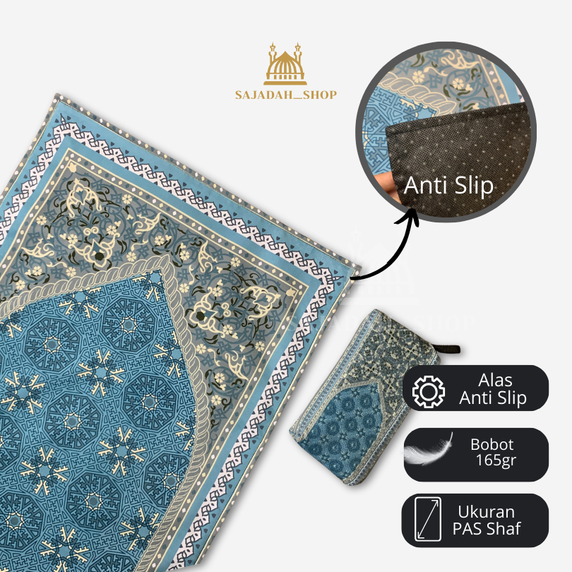 Sajadah Travel Motif Babussalam ANTI SLIP Dengan Pouch Dompet Seleting antislip