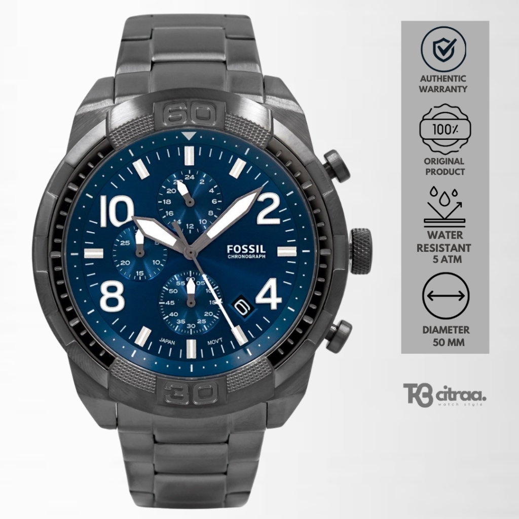 jam tangan fashion pria fossil Bronson analog strap rantai hitam  Chronograph stainless steel water resistant luxury watch black mewah blue  sporty