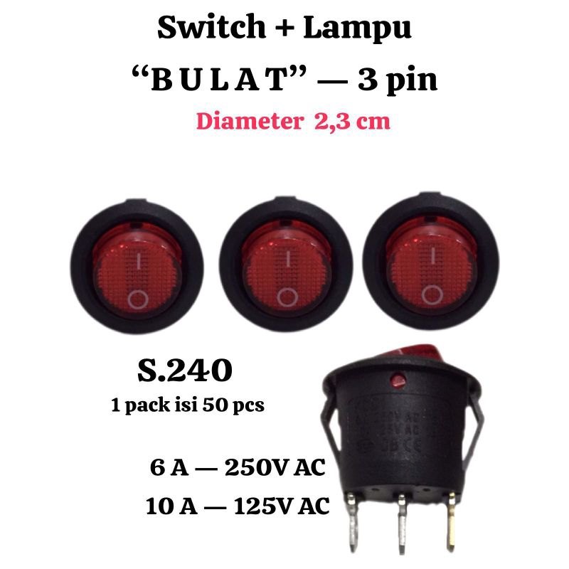 Jual Saklar Sakelar Swicth Rocker AC On-Off Bulat Lampu 3 Kaki | Shopee ...