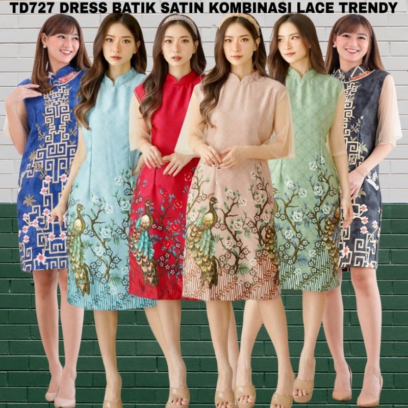 TD727 DRESS WANITA BATIK SATIN PREMIUM BATIK CHEONGSAM BATIK IMLEK SATIN PRINTING SEMI SUTERA MODERN