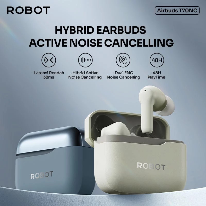 ROBOT TWS Earbuds Wireless ANC ENC Canceling Noise Control T70NC Bluetooth 5.4 Original - Garansi Resmi 1 Tahun
