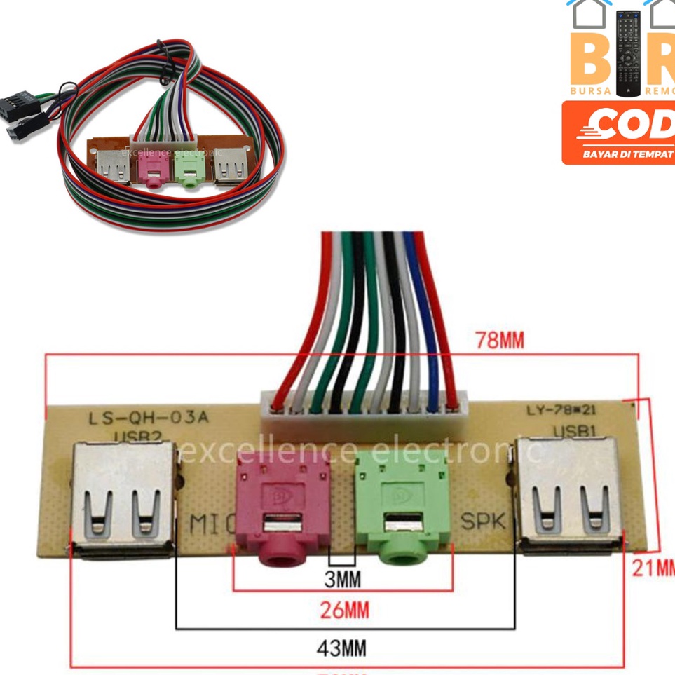Jual Front Panel Kabel Usb 2 Audio Jack Pcb 35MM Ukuran 68 74CM ...