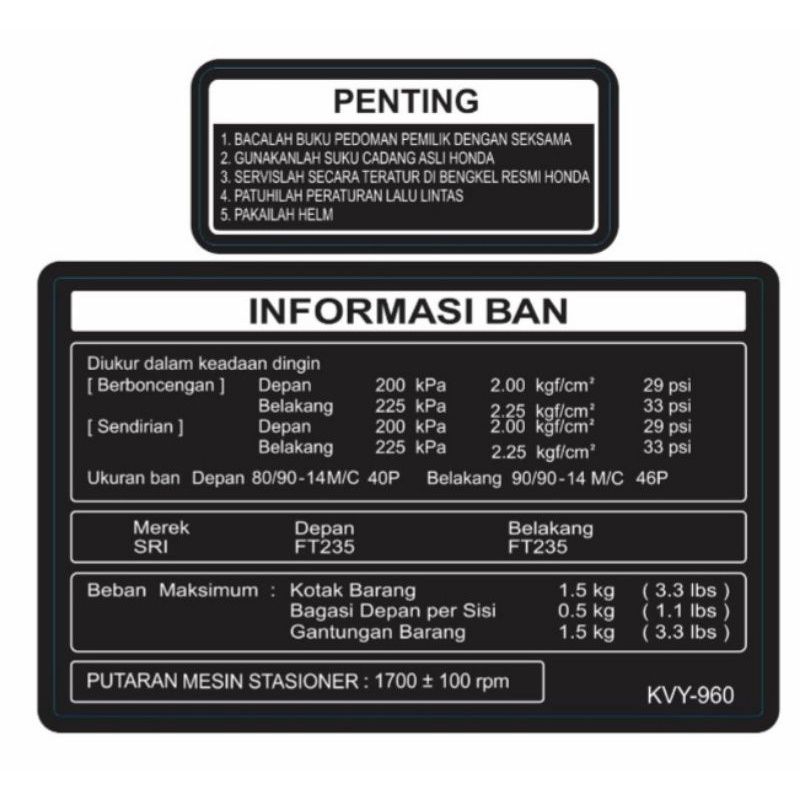 Jual stiker honda/stiker informasi ban/stiker warning/stiker penting ...