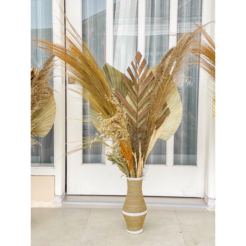 Paket Bunga Kering + vas guci mendong Paket T Dekorasi Rustic Aesthetic