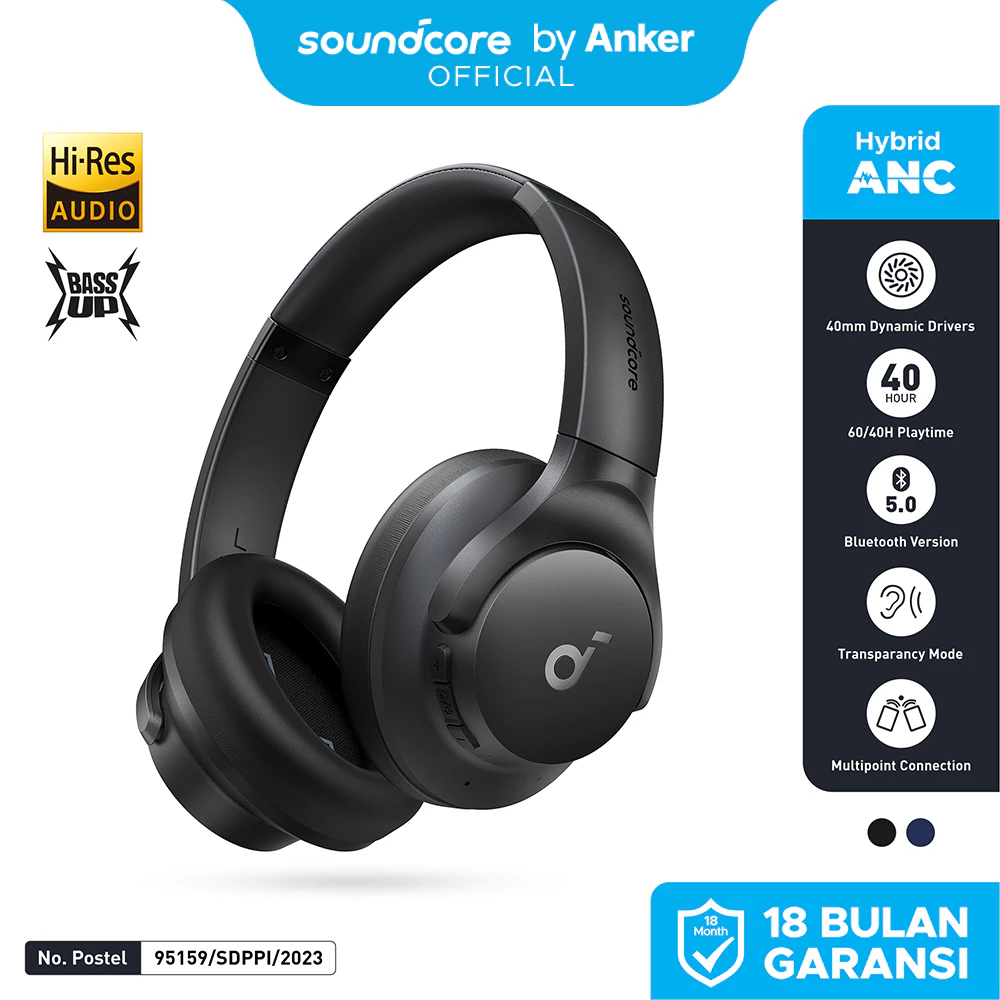 Soundcore by Anker Q20i Bluetooth Headphones with Mic Hi-Res Hybrid ANC Headset with Noise Cancelling Wireless Headphone