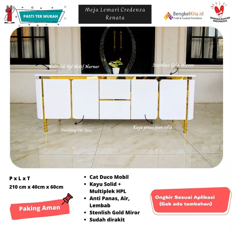 Meja Renata Buffet TV Minimalis Modern Aesthetic / Rak TV Mewah Panjang 210cm 4 Pintu 2 Laci Kayu Solid Duco List Gold