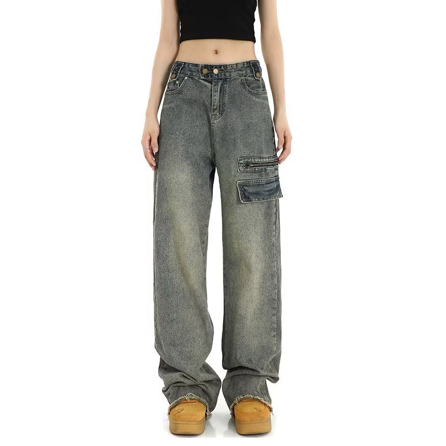 Cargo Celana Jeans Wanita Highwaist Kulot Loose Kekinian Biru retro