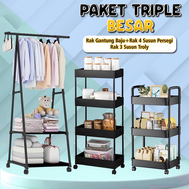 Jual (SS) Paket Triple Rak Besar Rak Gantungan Baju + Rak Susun 4 ...