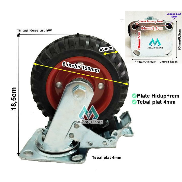 Jual Roda 6 inchi Karet Kembang (Wheel Only/Mati/Hidup/Rem)+Double ...
