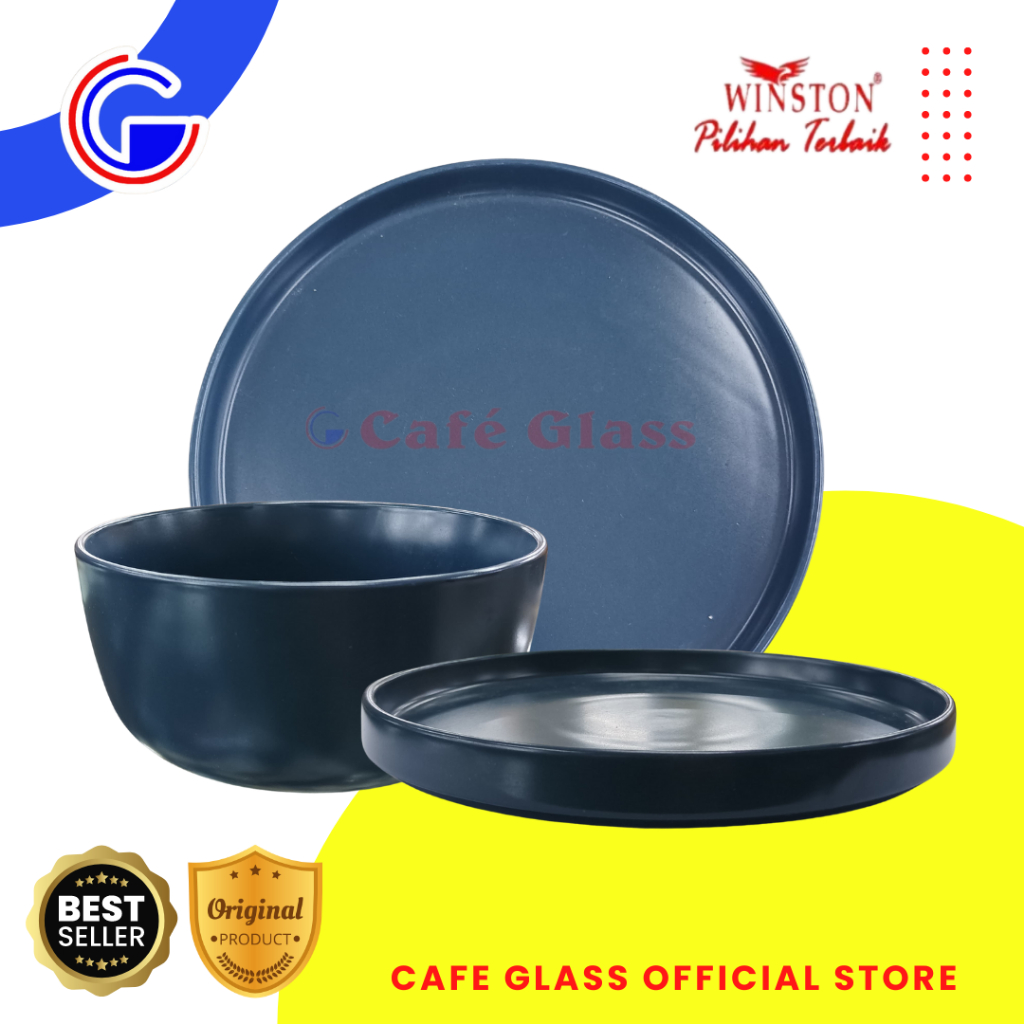 Piring Mangkok Set - Piring Ceper - Mangkok Mie - Piring Mangkok Keramik Biru Doff
