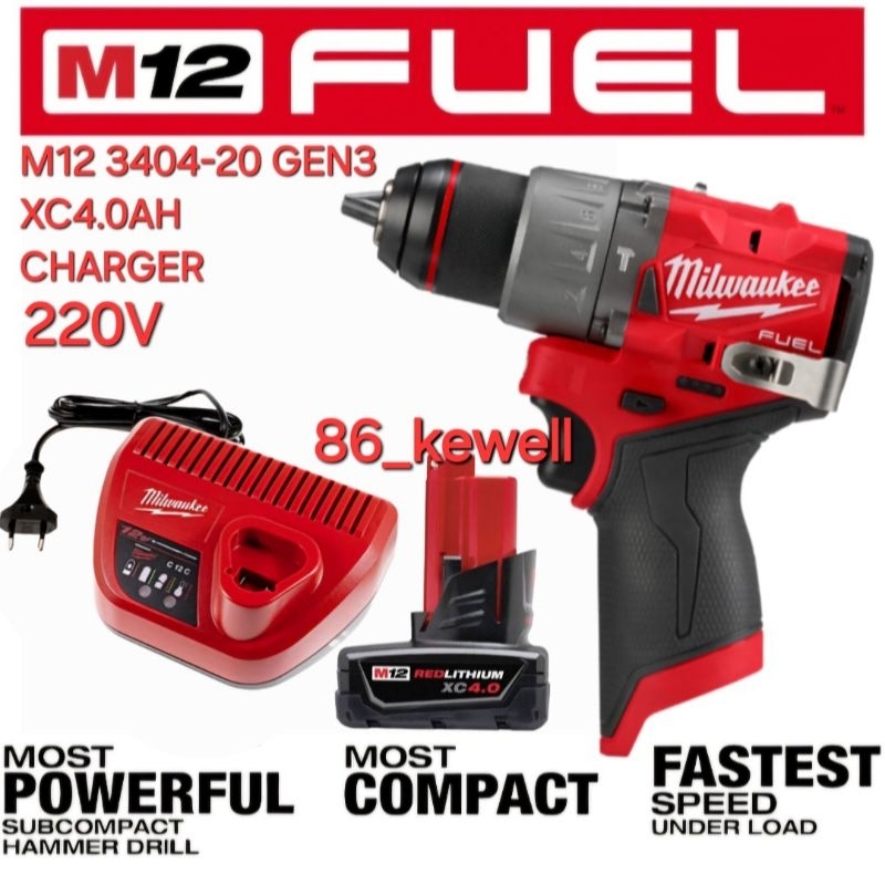 Jual Impact drill Milwaukee M12 3404-20 gen3 (hammer)XC4.0AH+Charger ...