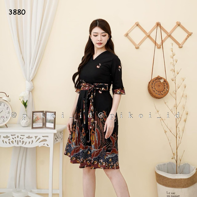 Dress batik wanita modern hitam belt merah dress batik obi merah dress kantor kerja seragam 3528 263