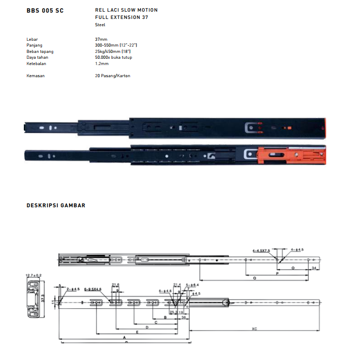 Jual REL LACI TACO SOFT CLOSING BALL BEARING SLIDE 37 400-500 MM ...