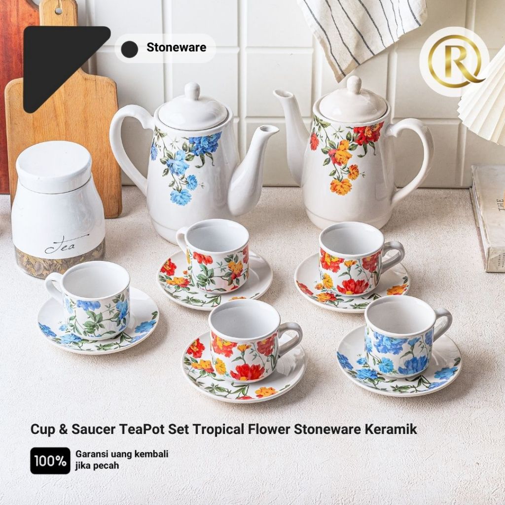Cup & Saucer TeaPot Set Tropical Flower Stoneware Keramik