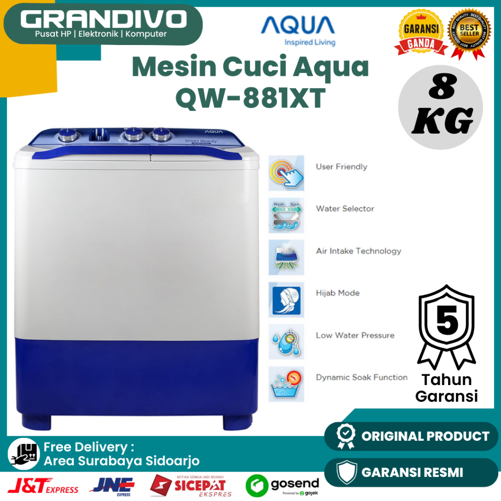 Jual Mesin Cuci Aqua 8KG 2 Tabung QW 881XT Low Watt Hijab Mode Fuzzy ...